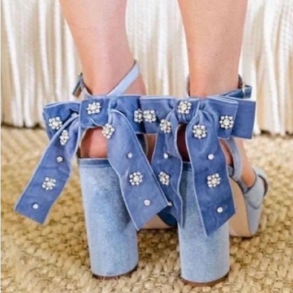 Antonio Melani x Nicola Bathie Lila Blue Velvet Embellished Platform Heel - Picture 1 of 6